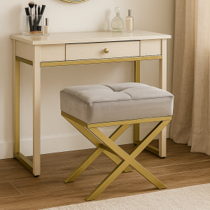 Pufa "X" szara pikowana welurowa na złotym stelażu