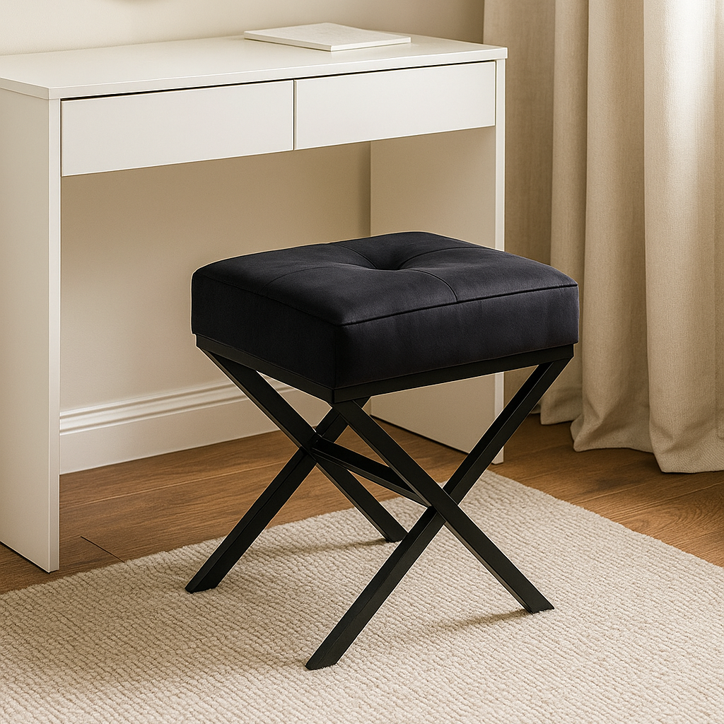 Pufa "X" czarna pikowana welurowa na czarnym stelażu