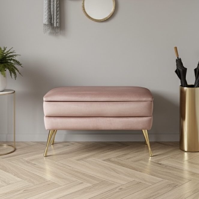 Puf ze schowkiem różowy na złotych nogach